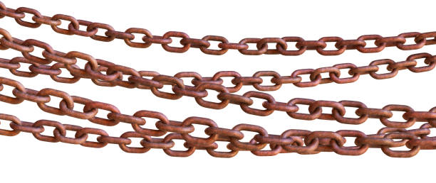 Rusty old chains barricade isolated on white background. Close up, wide horizontal composition. Rusty old chains barricade isolated on white background. Close up, wide horizontal composition. chain object stock pictures, royalty-free photos & images