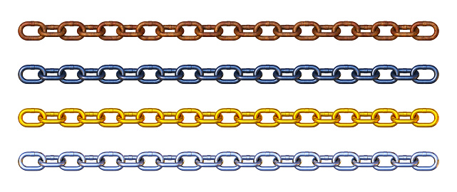 A simple composition of four chains in different material, isolated on a white background. Wide horizontal composition.