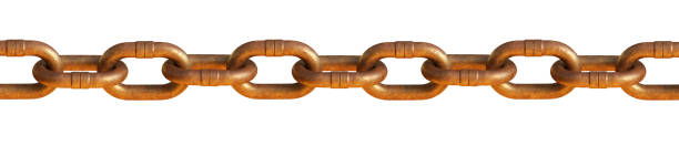istock A single shiny long rusty chain running horizontally and isolated on white background. Wide horizontal composition. 1338727947