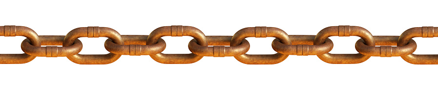 A single shiny long rusty chain running horizontally and isolated on white background. Wide horizontal composition.