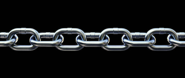 istock Shiny metallic chain close up and isolated on black background. Wide horizontal composition. 1338728154