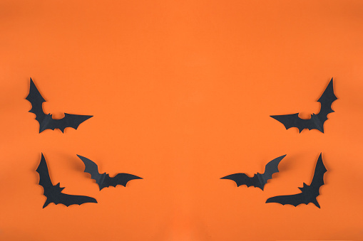 Halloween concept and paper decorations. bats cut from black paper on an orange background. Paper cut style. Top View Copy Space