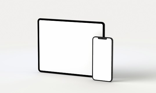 3d render illustration generic phone mock up and tablet in a white design high key