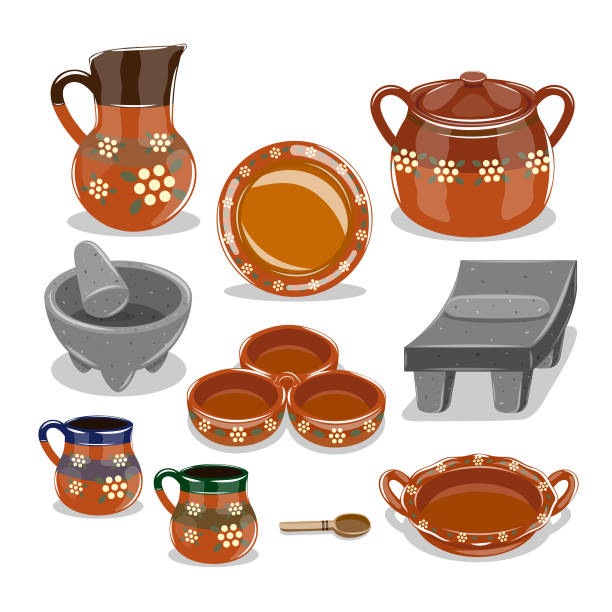 ilustraciones, imágenes clip art, dibujos animados e iconos de stock de vajilla de barro artesanal mexicana con molcajete y metate - mexican pots