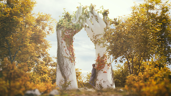 An overgrown sculpture of hands. All items in the scene are 3D