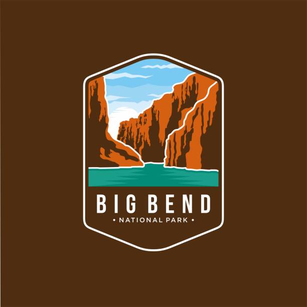 ilustrações, clipart, desenhos animados e ícones de ilustração do ícone de patch emblema do parque nacional de big bend em fundo escuro - rio grande illustrations