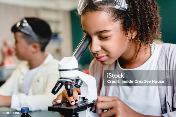 Africanamerican Schoolgirl Pupil Student Using Working With Microscope At Biology Chemistry Lesson Class At School Lab Science Lesson Concept Stock Photo - Download Image Now