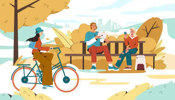 Vector illustration of Autumn city park with people using gadgest and cycling girl