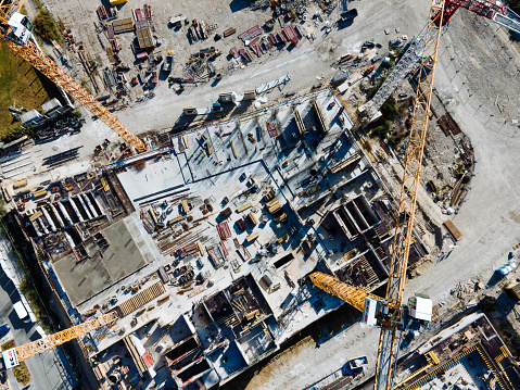 Drone view of construction site in city