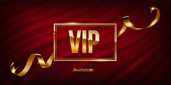 Vip golden frame invitation with wavy silk ribbon on curtain vector illustration. Realistic 3d exclusive premium gold certificate frame with vip text, privilege of membership on red fabric background