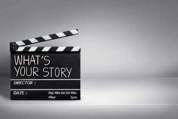 istock story telling. Text title on film slate or movie clapperboard 1338740921