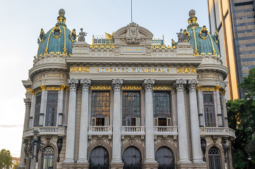 Rio de Janeiro, Brazil-September 3, 2021: Exterior colonial-style facade of the Municipal Theater and Museum. This area is a famous place and a tourist attraction