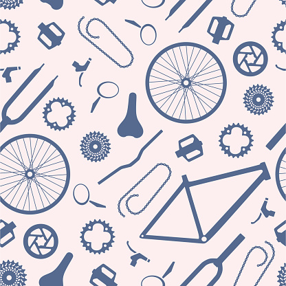 Bicycle parts seamless pattern. Spare for bike repair and service, workshop. Сycling. Frame. Saddle. Brake. Pedal. Tire. Spoke. Fork. Rear derailleur. Rim. Chain ring. Colorful flat vector illustration isolated