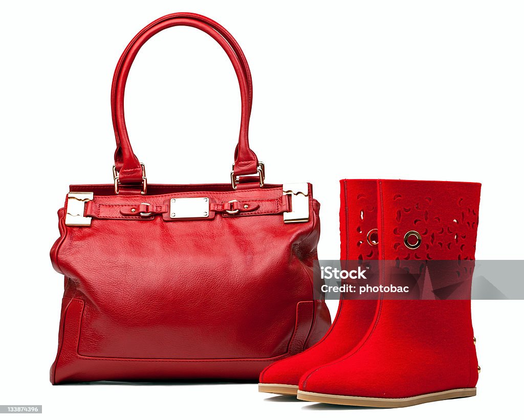 Par de botas de couro vermelho e saco de feltro, com caminho - Foto de stock de Bota royalty-free