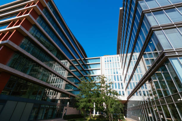 istock Office building exterior in financial district, low angle view 1338744781