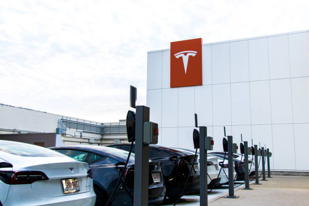 Tesla cars plugged in at a Tesla store parking lot in a shopping mall. Toronto, Canada - July 31, 2021: The Tesla logo on the side of a building, seen behind a row of charging Tesla Model 3's and Model Y's, ready to be test driven from the storefront located within CF Sherway Gardens in Toronto. sustainable energy toronto stock pictures, royalty-free photos & images