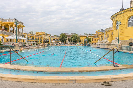 Exterior swimming pool in Szechenyi Baths in Budapest in Hungary