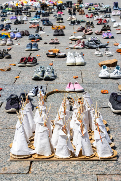 Every child matters. Many children shoes on the Ottawa's Parliament Hill to remember the death of Native people children. stock photo