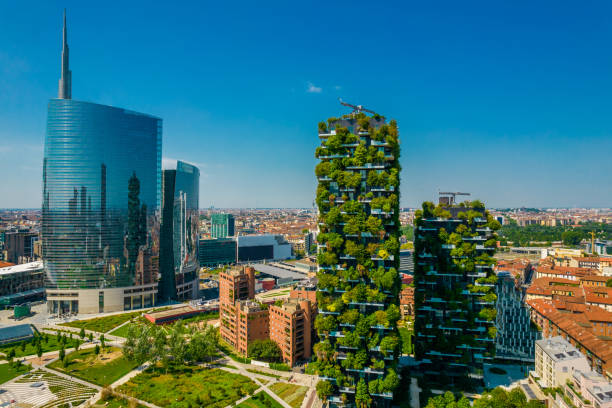 Aerial photo of Bosco Verticale, Vertical Forest in Milan, Porta Nuova district Aerial photo of Bosco Verticale, Vertical Forest, in Milan, Porta Nuova district. Residential buildings with many trees and other plants in balconies milan stock pictures, royalty-free photos & images