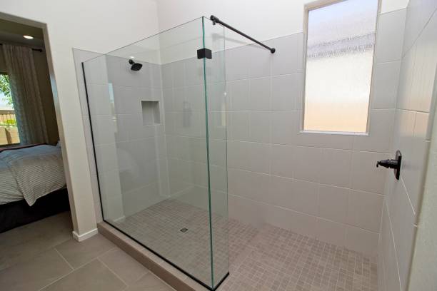 Master Bathroom Walk-In Glass Shower Master Bathroom Walk In Shower alcove stock pictures, royalty-free photos & images