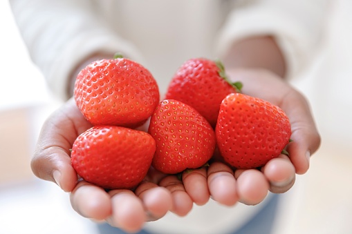 Close up shot of unrecognizable black elementary age child extending hands towards the camera while holding a pile of ripe, fresh strawberries. Healthy eating, childhood, healthy lifestyle concepts.