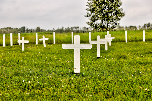 Rocky Mountain House, Alberta - July 22, 2021: Cemetery of white crosses at the historic fort in Rocky Mountain House Alberta