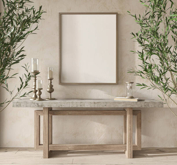 istock Scandinavian design room with olive trees. Mockup frame in cozy home interior background. Boho style 3d render illustration. 1338752866