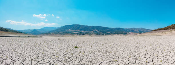 Panoramic view of dried cracked drought lakebed surface Climate, lack of water, drone, global warming, texture lakebed stock pictures, royalty-free photos & images