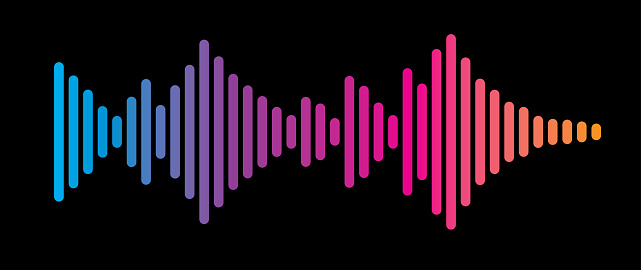 Vector illustration of a multi-colored sound wave against a black background in flat style.