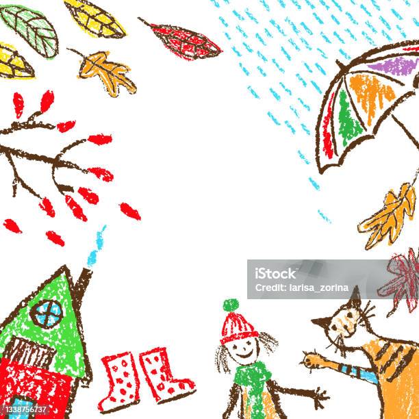 Children's Drawing Of Happy Family With Umbrellas In Autumn Time Stock  Photo, Picture and Royalty Free Image. Image 10684071.