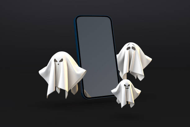 istock Halloween digital celebration with ghosts and smartphone mockup display 1338757192