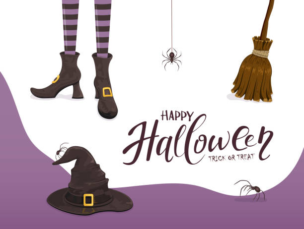 ilustraciones, imágenes clip art, dibujos animados e iconos de stock de fondo púrpura de halloween con piernas de bruja y sombrero - halloween witch frame wizard