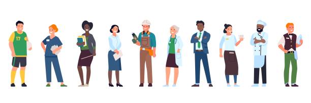 different professions people. job variations, men and women characters in uniform, teacher, doctor, carpenter and businessman, vector set - jobs stock illustrations