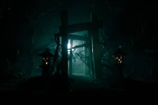 istock Creative artwork decoration. Abstract Japanese style wooden tunnel at night. Selective focus 1338761539