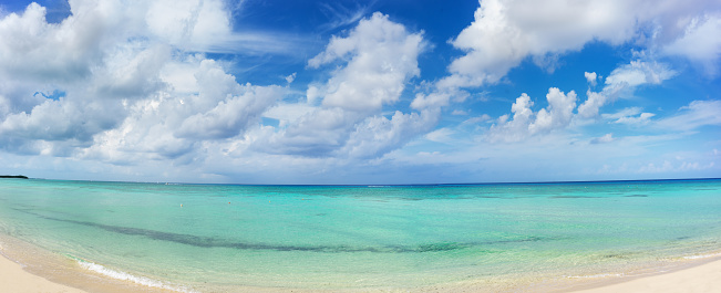 Beautiful view of a beach and sea in the Mexican Caribbean, a sunny day with crystal clear water.