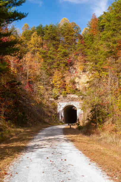 sendero del túnel en otoño - natural tunnel state park fotografías e imágenes de stock