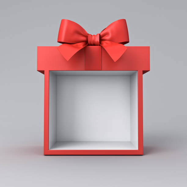 пустая красная подарочная коробка выставочный стенд или подарочная витрина с красной лентой, изолированным на сером фоне минимально конце - подарок stock illustrations