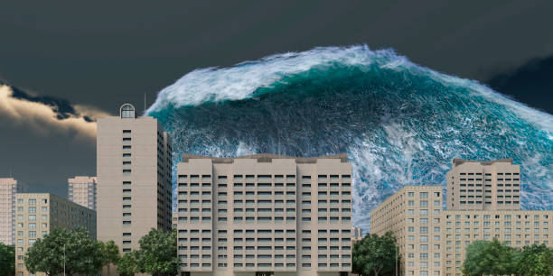 istock Tsunami wave apocalyptic water view urban flood Storm. 3D illustration 1338765033