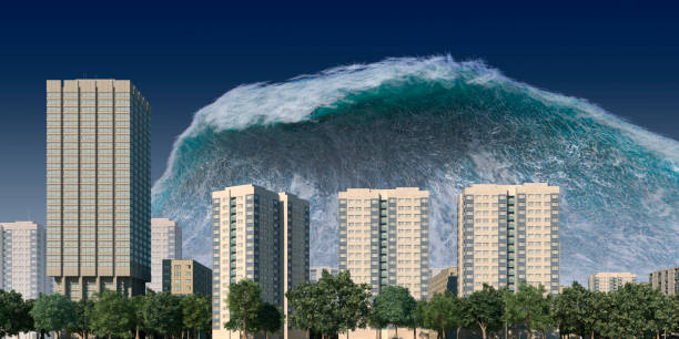 istock Tsunami wave apocalyptic water view urban flood Storm. 3D illustration 1338765044