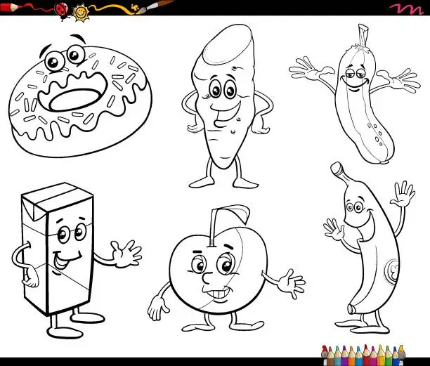 Vector illustration of cartoon food objects characters set coloring book page