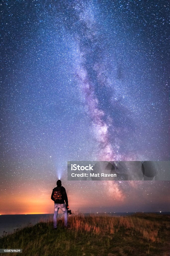 Gazing into the Milkyway Man wonders his place in the universe Milky Way Stock Photo
