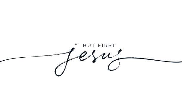 But first Jesus vector religions lettering. But first Jesus vector religions lettering. Modern line lettering illustration. Hand drawn calligraphy with swooshes. Text for holiday greeting card and t-shirt print. Christianity quote about Jesus jesus christ stock illustrations