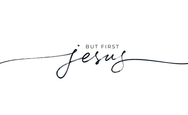 But first Jesus vector religions lettering. But first Jesus vector religions lettering. Modern line lettering illustration. Hand drawn calligraphy with swooshes. Text for holiday greeting card and t-shirt print. Christianity quote about Jesus christ the redeemer stock illustrations