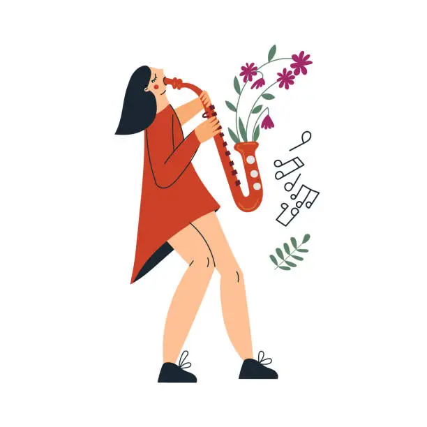 Vector illustration of Girl playing saxophone or young woman musician with gold sax. Saxophonist female character with blooming saxophone and notes. Flowers and juzz music. Flat vector cartoon illustration isolated on white