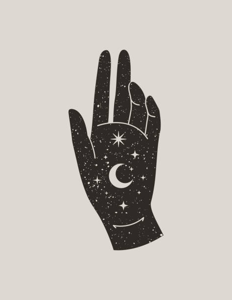 mistyczna kobieca ręka z księżycem i gwiazdami w modnym stylu boho. ikona dłoni wektorowej - spirituality star night sun stock illustrations