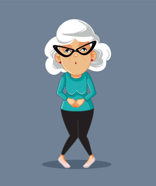 illustrazioni stock, clip art, cartoni animati e icone di tendenza di donna anziana che si occupa di frequente problema di minzione illustrazione vettoriale - urinating women bladder embarrassment