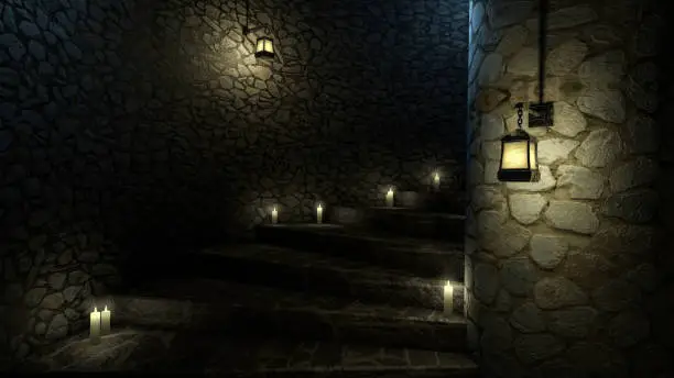 scary dungeon staircase. Stone walls, old lamps and candles. 3d rendering.