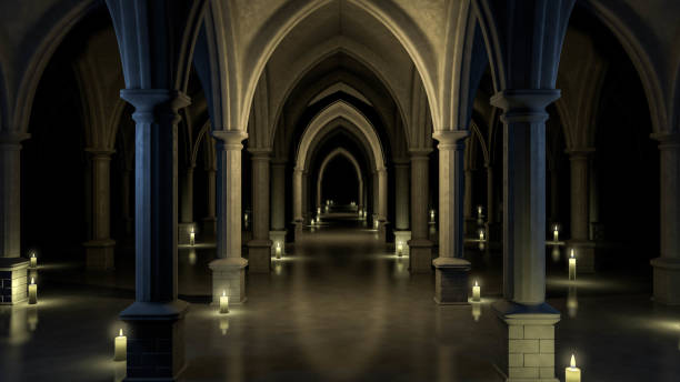 Medieval church at night. 3d Medieval church at night. Endless corridor with candles. 3d rendering. monastery stock pictures, royalty-free photos & images