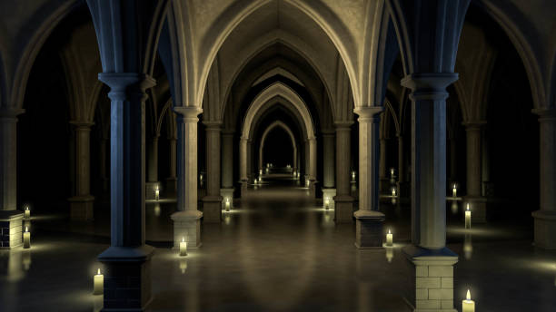 medieval church at night. 3d - church indoors inside of monastery imagens e fotografias de stock