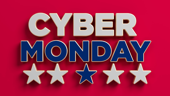 Cyber Monday text and stars. On red-colored background. Horizontal composition with copy space. Isolated with clipping path.